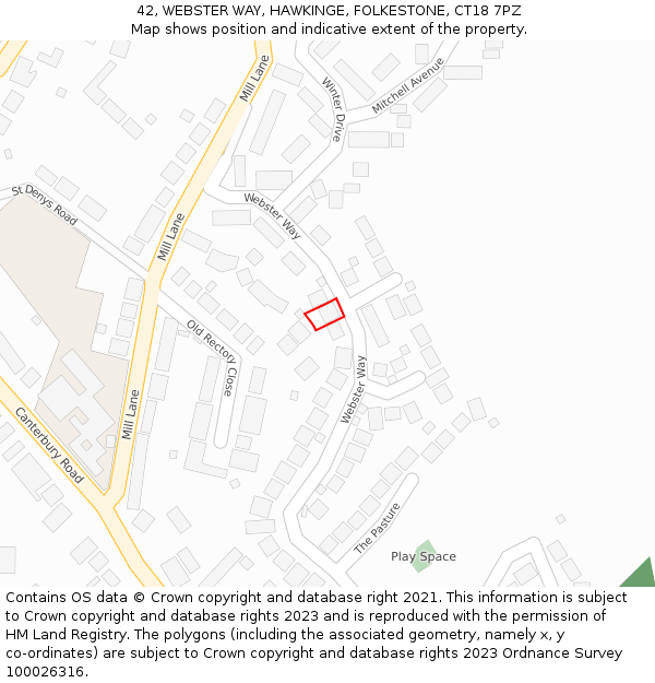 42, WEBSTER WAY, HAWKINGE, FOLKESTONE, CT18 7PZ: Location map and indicative extent of plot