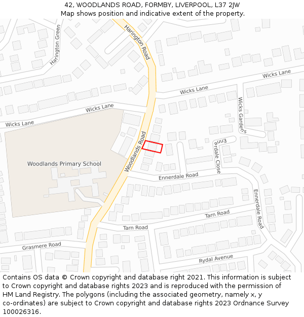 42, WOODLANDS ROAD, FORMBY, LIVERPOOL, L37 2JW: Location map and indicative extent of plot