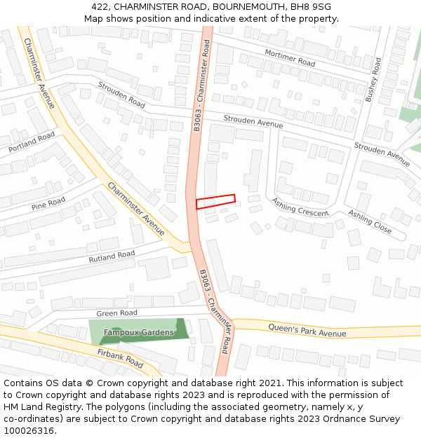 422, CHARMINSTER ROAD, BOURNEMOUTH, BH8 9SG: Location map and indicative extent of plot