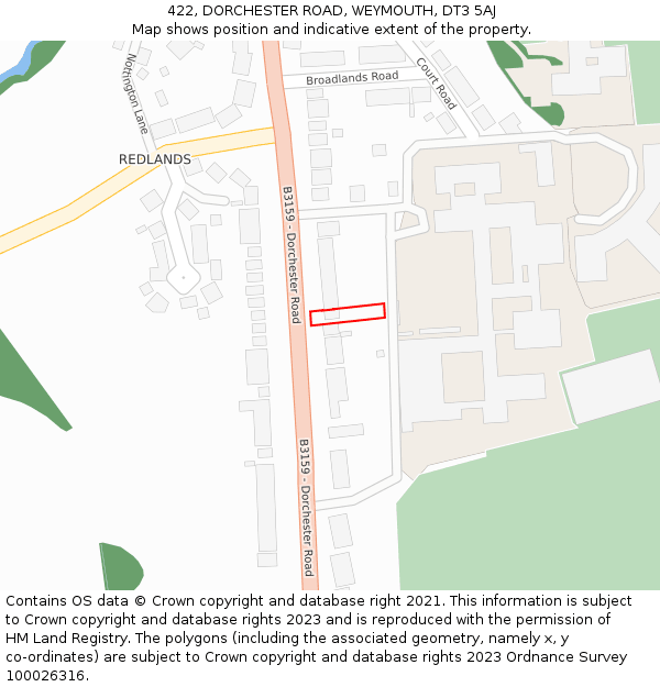 422, DORCHESTER ROAD, WEYMOUTH, DT3 5AJ: Location map and indicative extent of plot