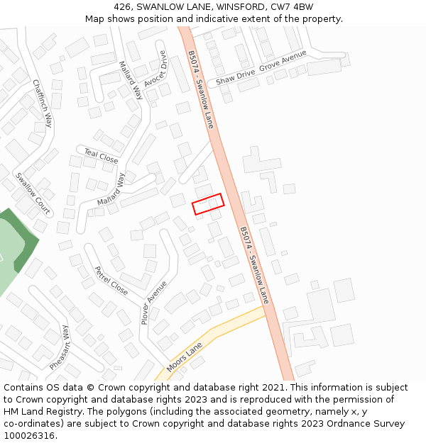 426, SWANLOW LANE, WINSFORD, CW7 4BW: Location map and indicative extent of plot