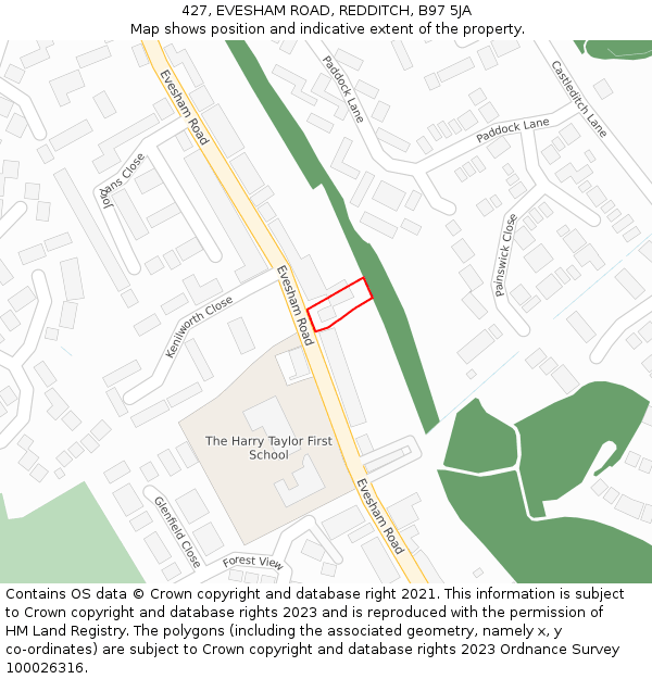 427, EVESHAM ROAD, REDDITCH, B97 5JA: Location map and indicative extent of plot