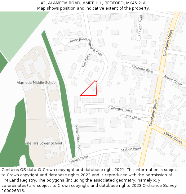 43, ALAMEDA ROAD, AMPTHILL, BEDFORD, MK45 2LA: Location map and indicative extent of plot