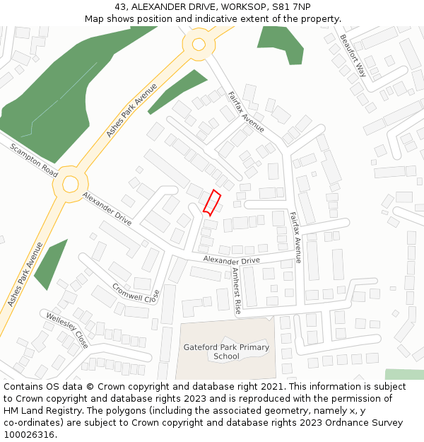 43, ALEXANDER DRIVE, WORKSOP, S81 7NP: Location map and indicative extent of plot