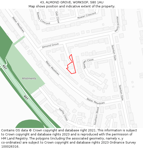 43, ALMOND GROVE, WORKSOP, S80 1AU: Location map and indicative extent of plot