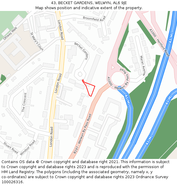 43, BECKET GARDENS, WELWYN, AL6 9JE: Location map and indicative extent of plot