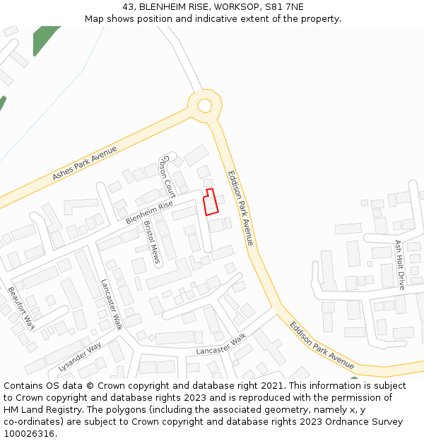 43, BLENHEIM RISE, WORKSOP, S81 7NE: Location map and indicative extent of plot