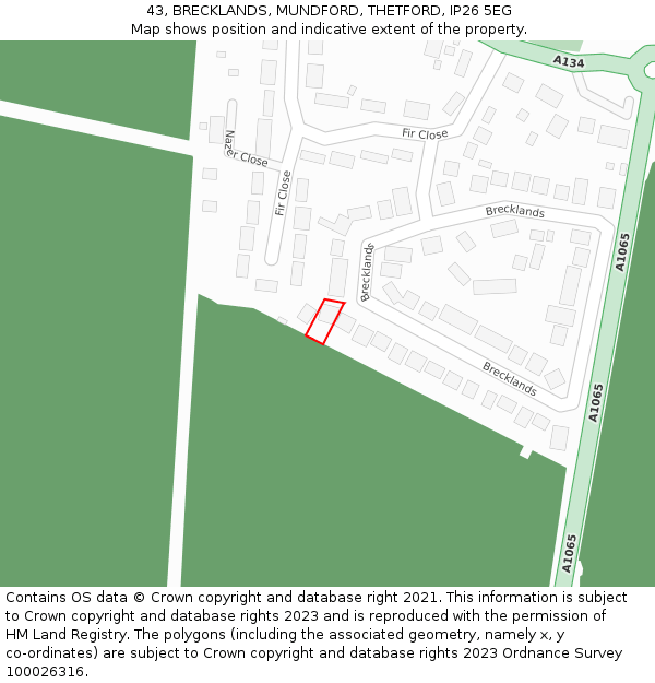 43, BRECKLANDS, MUNDFORD, THETFORD, IP26 5EG: Location map and indicative extent of plot