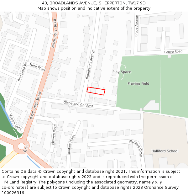 43, BROADLANDS AVENUE, SHEPPERTON, TW17 9DJ: Location map and indicative extent of plot
