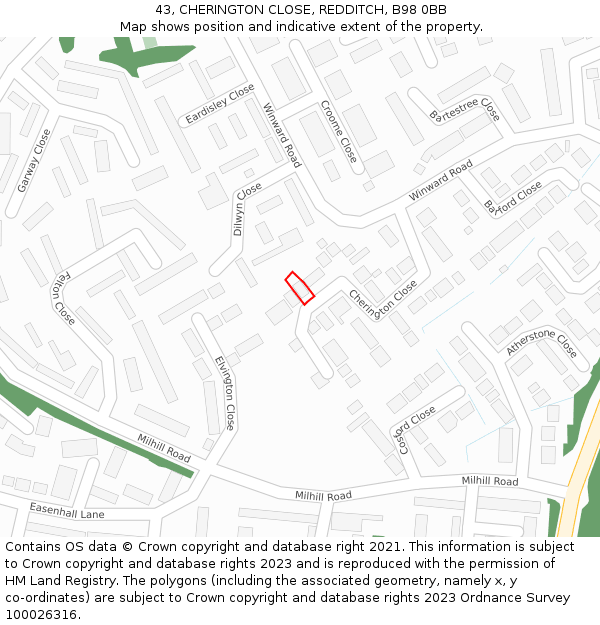 43, CHERINGTON CLOSE, REDDITCH, B98 0BB: Location map and indicative extent of plot