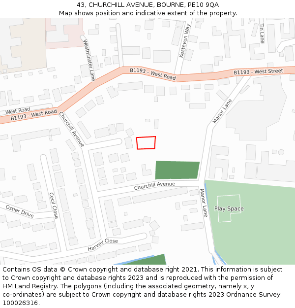 43, CHURCHILL AVENUE, BOURNE, PE10 9QA: Location map and indicative extent of plot
