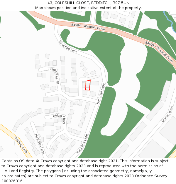 43, COLESHILL CLOSE, REDDITCH, B97 5UN: Location map and indicative extent of plot