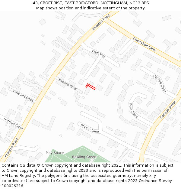 43, CROFT RISE, EAST BRIDGFORD, NOTTINGHAM, NG13 8PS: Location map and indicative extent of plot