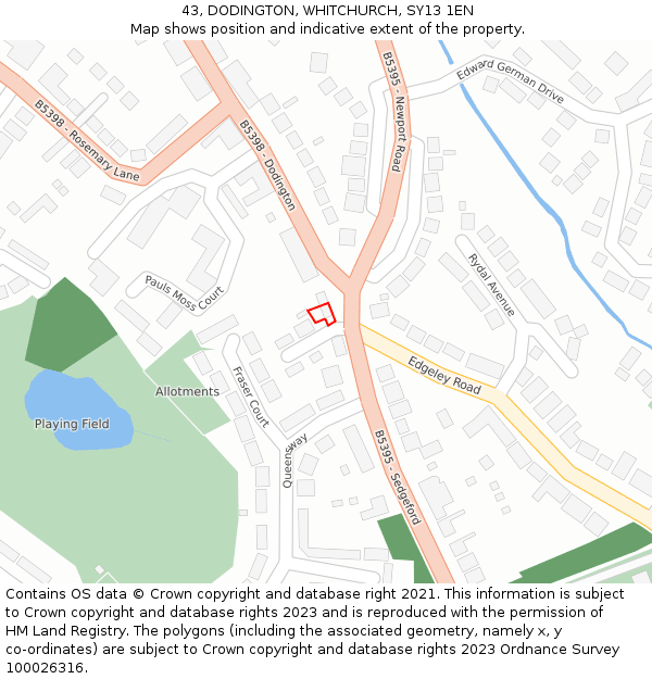 43, DODINGTON, WHITCHURCH, SY13 1EN: Location map and indicative extent of plot