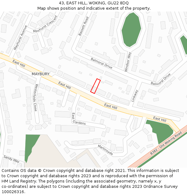 43, EAST HILL, WOKING, GU22 8DQ: Location map and indicative extent of plot