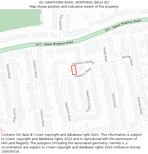 43, HAWTHORN ROAD, WORTHING, BN14 9LT: Location map and indicative extent of plot