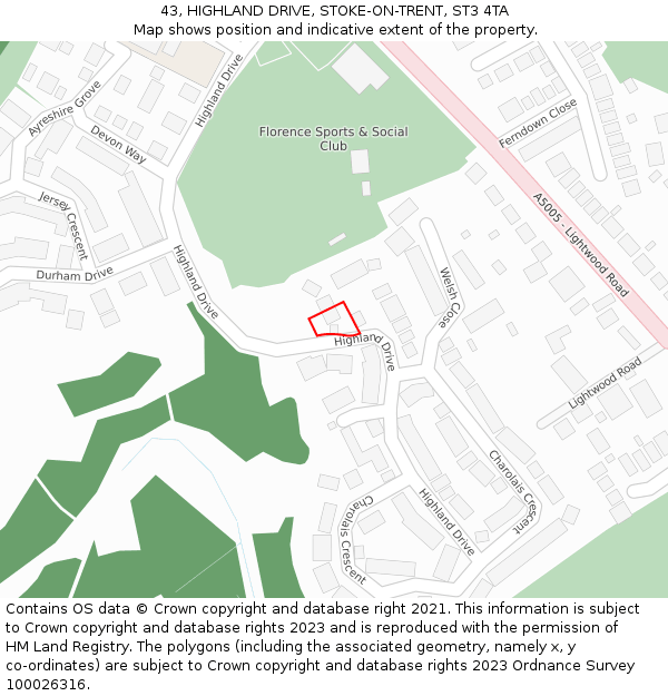 43, HIGHLAND DRIVE, STOKE-ON-TRENT, ST3 4TA: Location map and indicative extent of plot