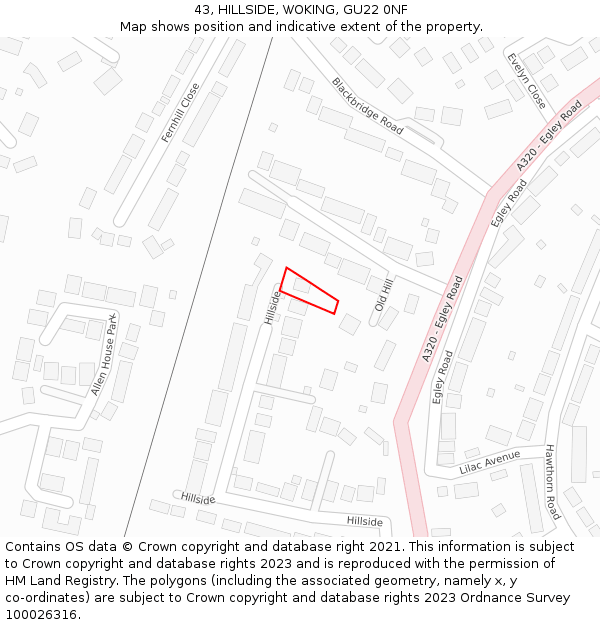 43, HILLSIDE, WOKING, GU22 0NF: Location map and indicative extent of plot