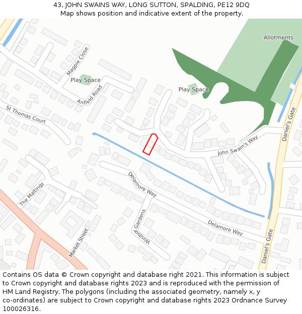 43, JOHN SWAINS WAY, LONG SUTTON, SPALDING, PE12 9DQ: Location map and indicative extent of plot