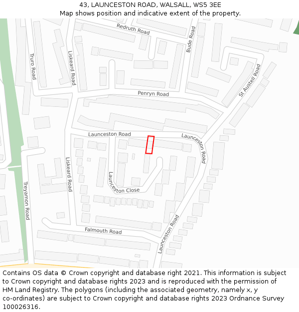 43, LAUNCESTON ROAD, WALSALL, WS5 3EE: Location map and indicative extent of plot