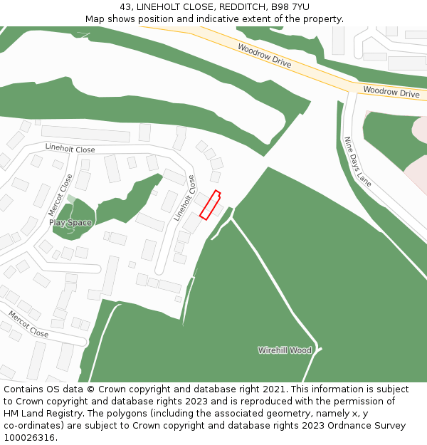 43, LINEHOLT CLOSE, REDDITCH, B98 7YU: Location map and indicative extent of plot