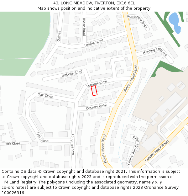 43, LONG MEADOW, TIVERTON, EX16 6EL: Location map and indicative extent of plot