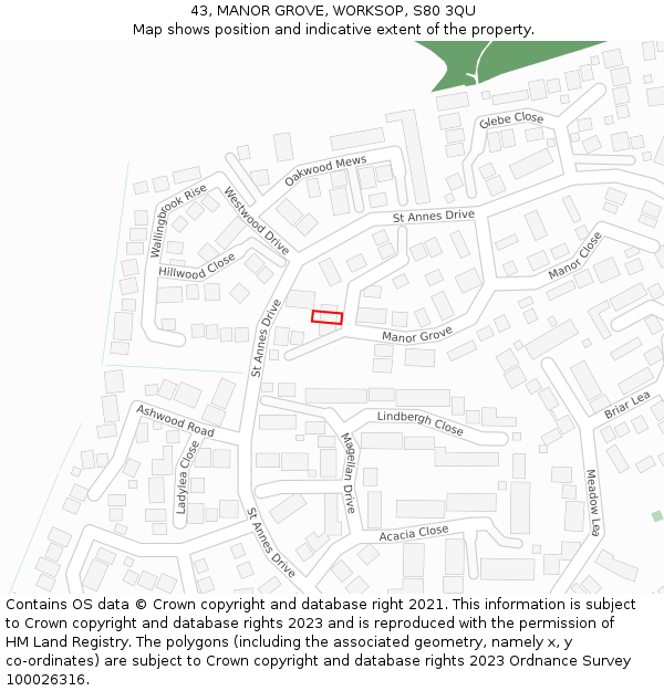 43, MANOR GROVE, WORKSOP, S80 3QU: Location map and indicative extent of plot