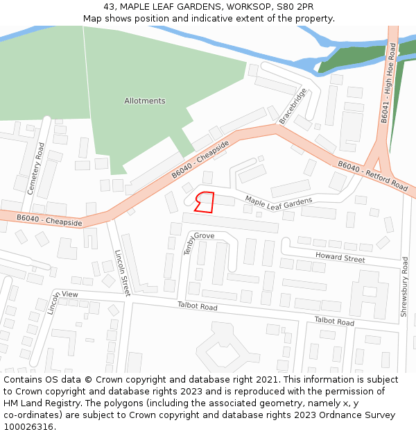 43, MAPLE LEAF GARDENS, WORKSOP, S80 2PR: Location map and indicative extent of plot