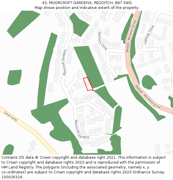 43, MOORCROFT GARDENS, REDDITCH, B97 5WG: Location map and indicative extent of plot