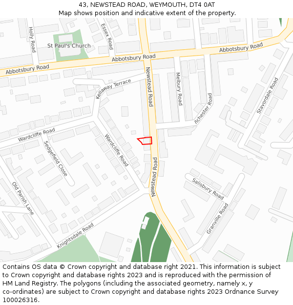 43, NEWSTEAD ROAD, WEYMOUTH, DT4 0AT: Location map and indicative extent of plot