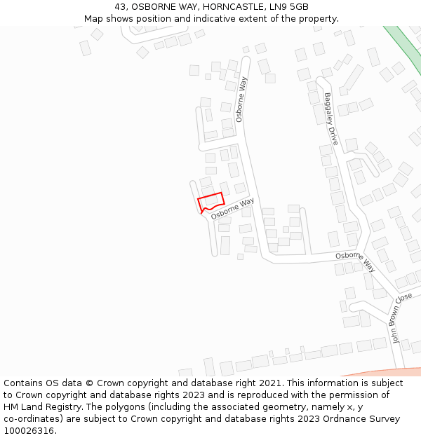 43, OSBORNE WAY, HORNCASTLE, LN9 5GB: Location map and indicative extent of plot