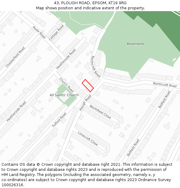 43, PLOUGH ROAD, EPSOM, KT19 9RG: Location map and indicative extent of plot