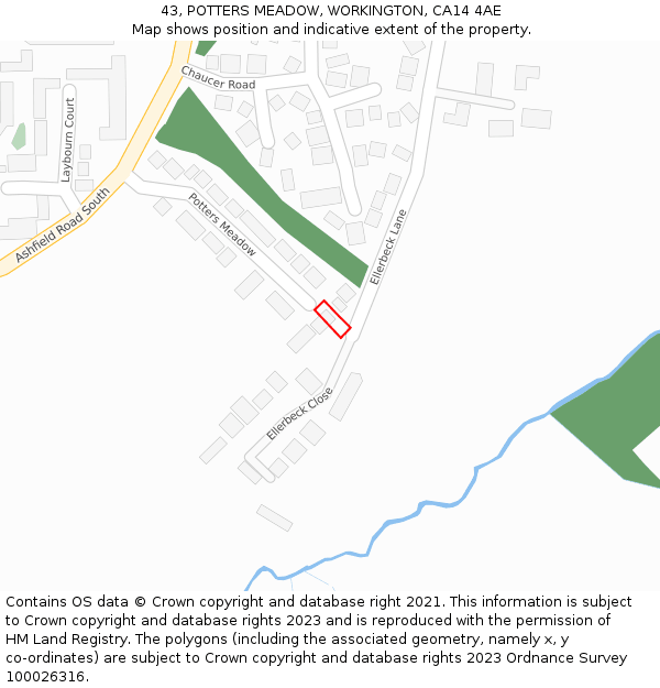 43, POTTERS MEADOW, WORKINGTON, CA14 4AE: Location map and indicative extent of plot