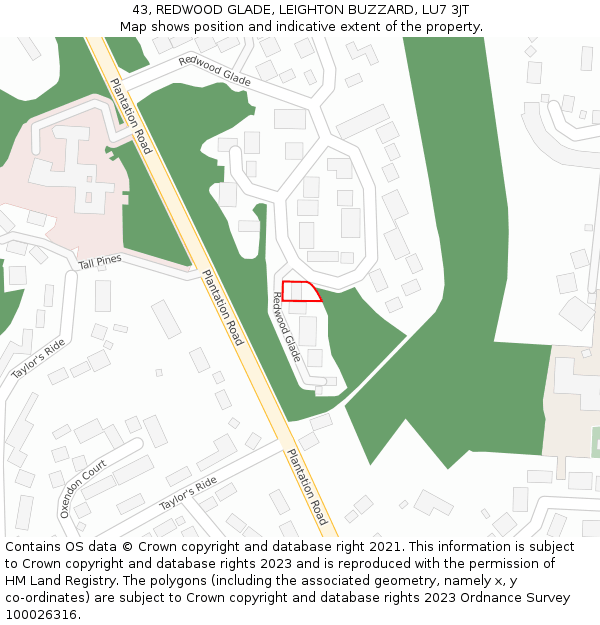 43, REDWOOD GLADE, LEIGHTON BUZZARD, LU7 3JT: Location map and indicative extent of plot