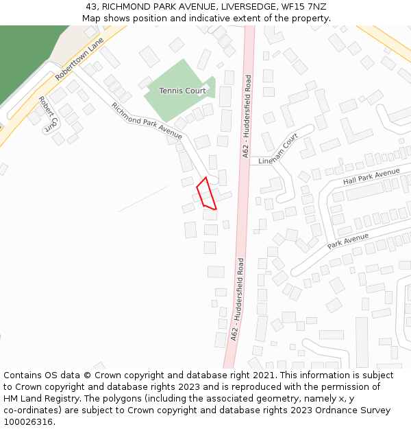 43, RICHMOND PARK AVENUE, LIVERSEDGE, WF15 7NZ: Location map and indicative extent of plot