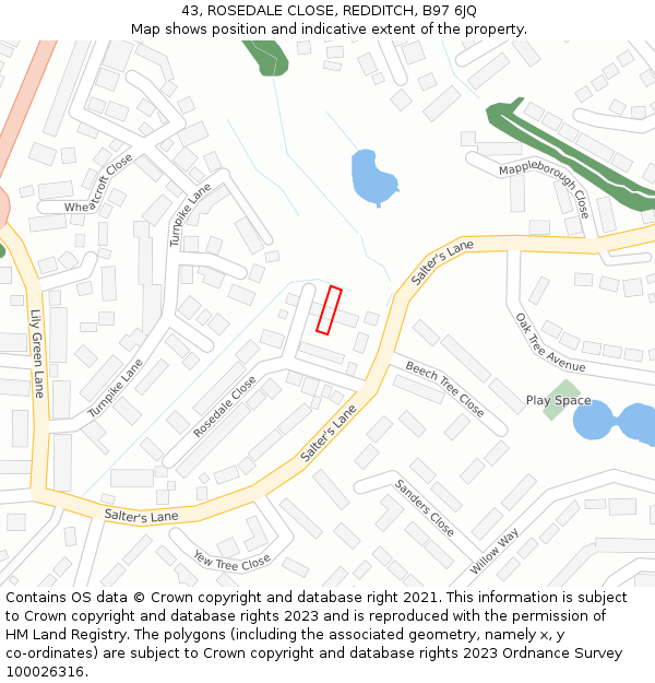 43, ROSEDALE CLOSE, REDDITCH, B97 6JQ: Location map and indicative extent of plot