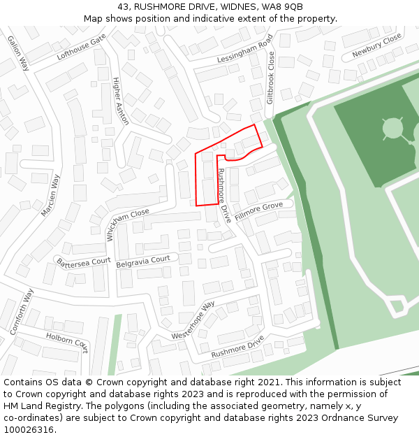 43, RUSHMORE DRIVE, WIDNES, WA8 9QB: Location map and indicative extent of plot