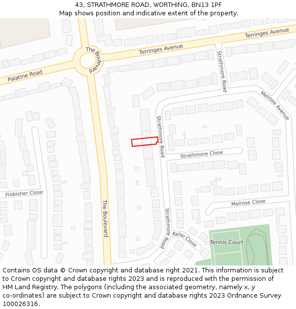 43, STRATHMORE ROAD, WORTHING, BN13 1PF: Location map and indicative extent of plot