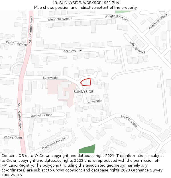 43, SUNNYSIDE, WORKSOP, S81 7LN: Location map and indicative extent of plot