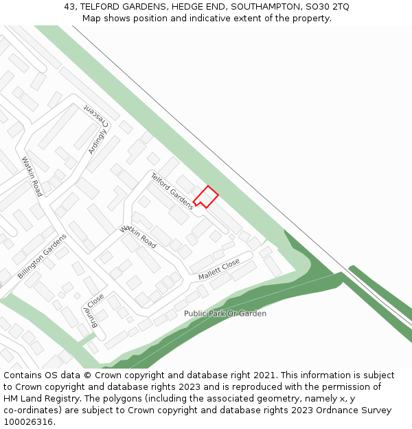 43, TELFORD GARDENS, HEDGE END, SOUTHAMPTON, SO30 2TQ: Location map and indicative extent of plot