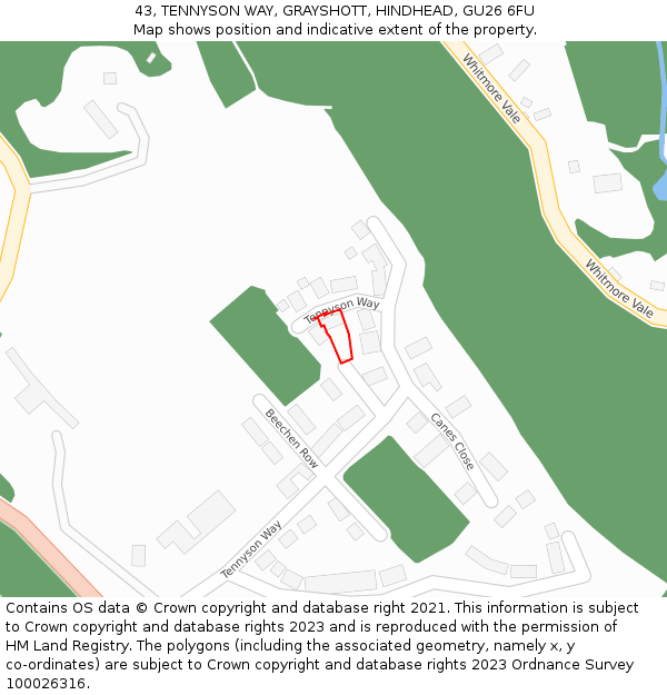 43, TENNYSON WAY, GRAYSHOTT, HINDHEAD, GU26 6FU: Location map and indicative extent of plot