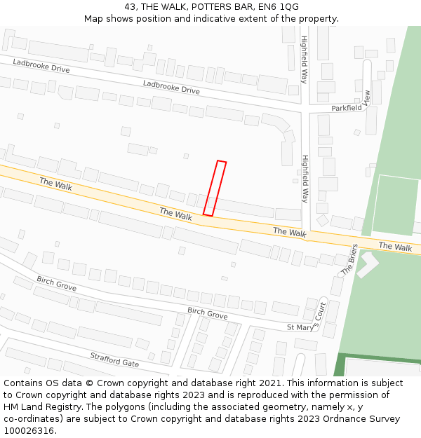 43, THE WALK, POTTERS BAR, EN6 1QG: Location map and indicative extent of plot