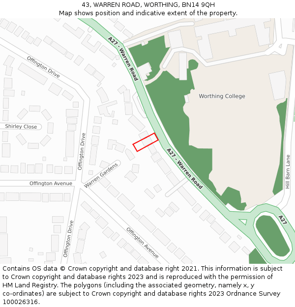 43, WARREN ROAD, WORTHING, BN14 9QH: Location map and indicative extent of plot