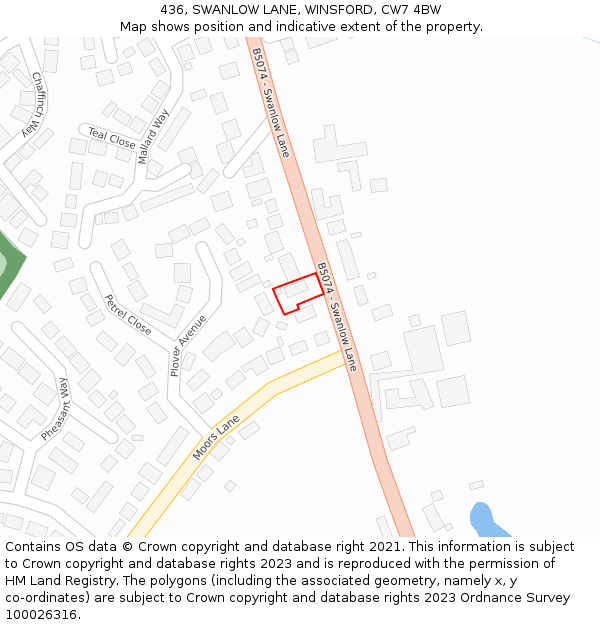 436, SWANLOW LANE, WINSFORD, CW7 4BW: Location map and indicative extent of plot