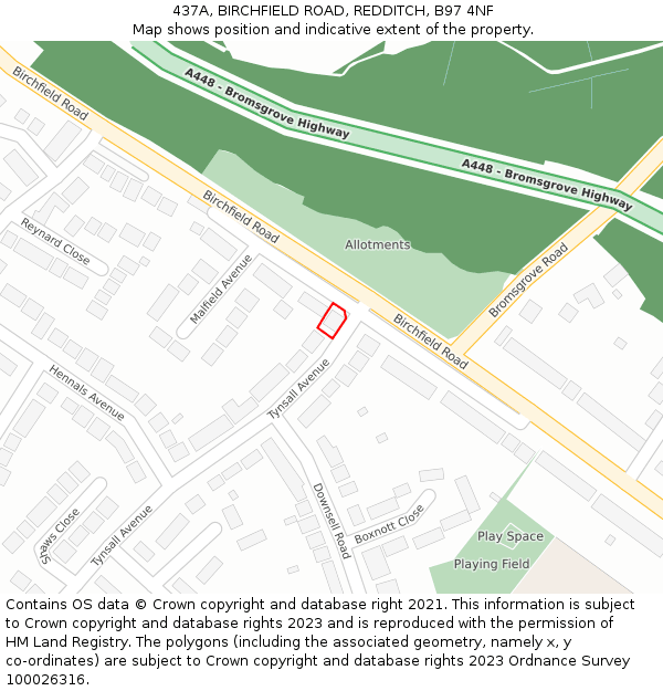 437A, BIRCHFIELD ROAD, REDDITCH, B97 4NF: Location map and indicative extent of plot