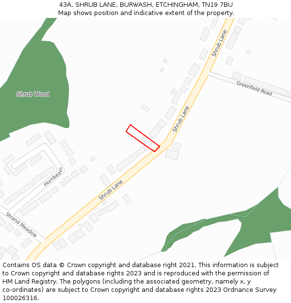 43A, SHRUB LANE, BURWASH, ETCHINGHAM, TN19 7BU: Location map and indicative extent of plot