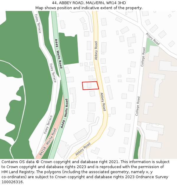44, ABBEY ROAD, MALVERN, WR14 3HD: Location map and indicative extent of plot