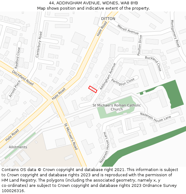 44, ADDINGHAM AVENUE, WIDNES, WA8 8YB: Location map and indicative extent of plot