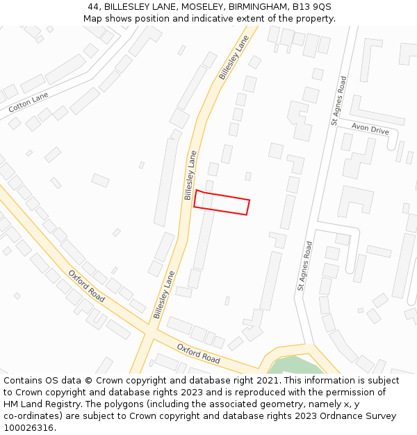 44, BILLESLEY LANE, MOSELEY, BIRMINGHAM, B13 9QS: Location map and indicative extent of plot