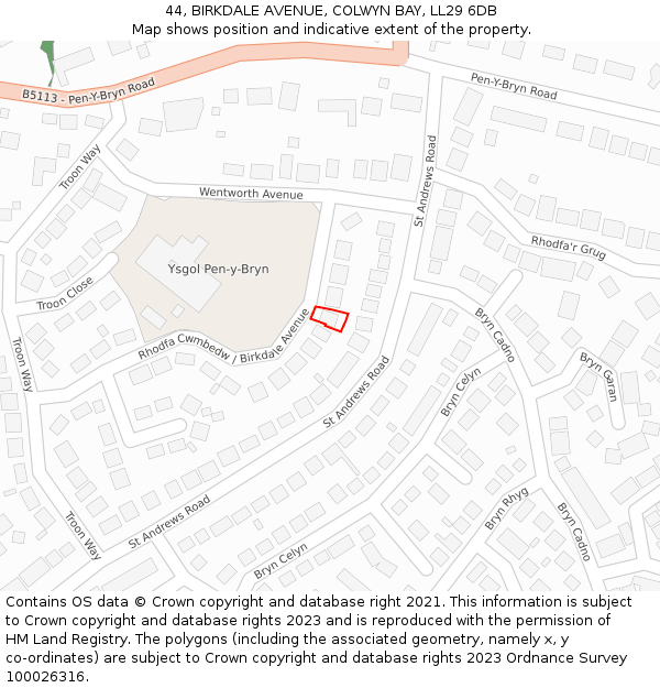 44, BIRKDALE AVENUE, COLWYN BAY, LL29 6DB: Location map and indicative extent of plot